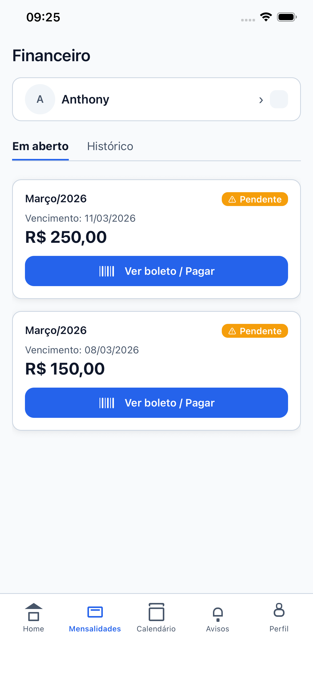 Financeiro — mensalidades